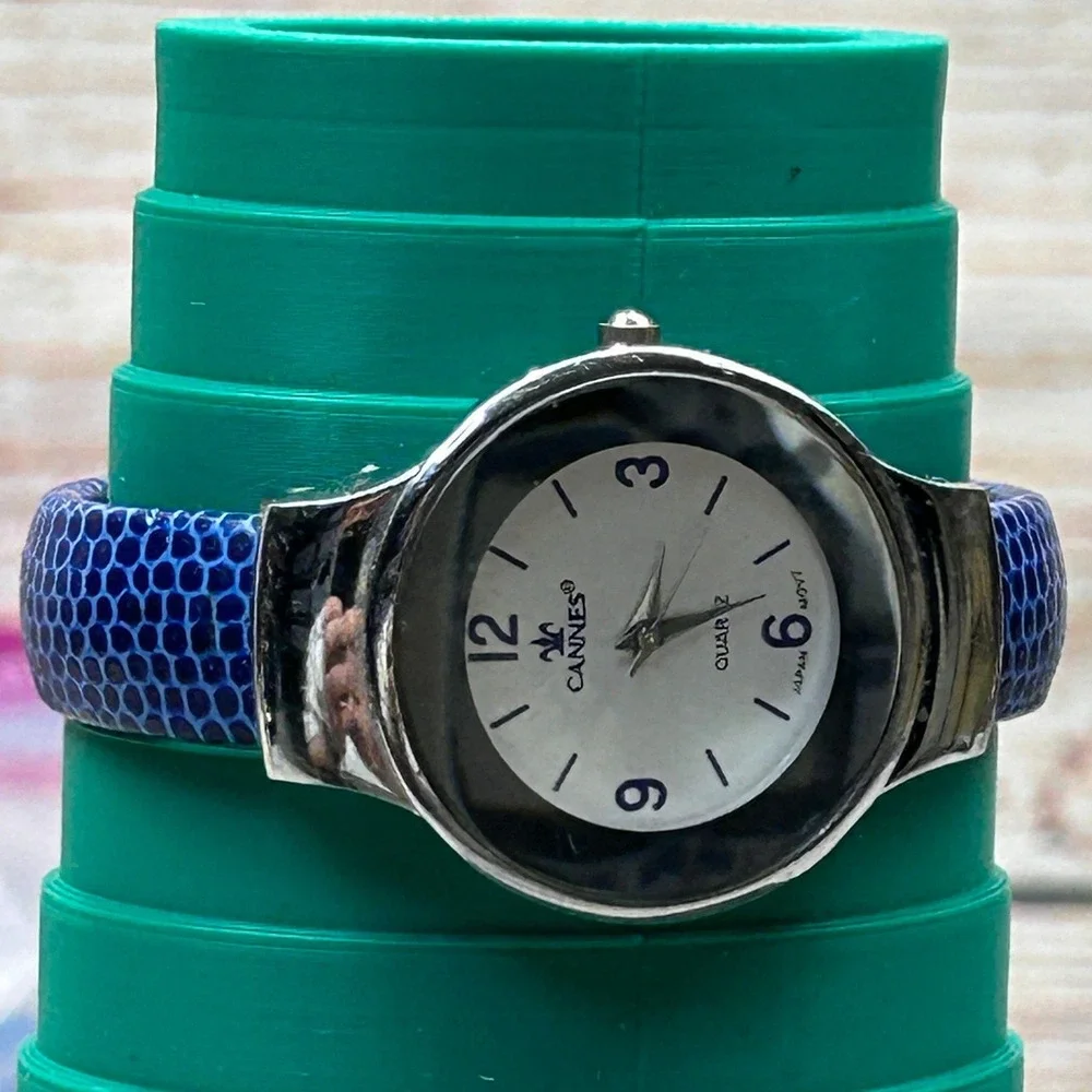 Cannes BG-1241 Womens Watch Blue Faux‎ Snakeskin Cuff Bangle Silver Tone